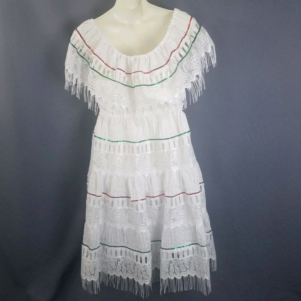 Folk Dancing Dress L Tiered Fringe Elastic Waist
